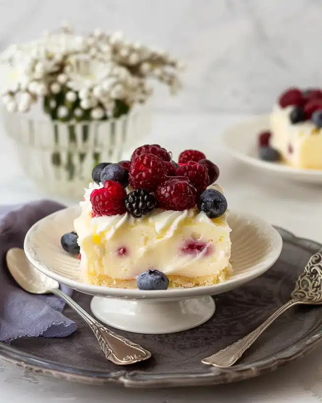 Zitronen-Blaubeer-Kuchen mit Cheesecake-Guss