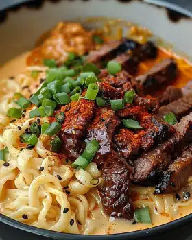 Spicy Korean Ramen mit gegrilltem Rindfleisch und cremiger Sauce