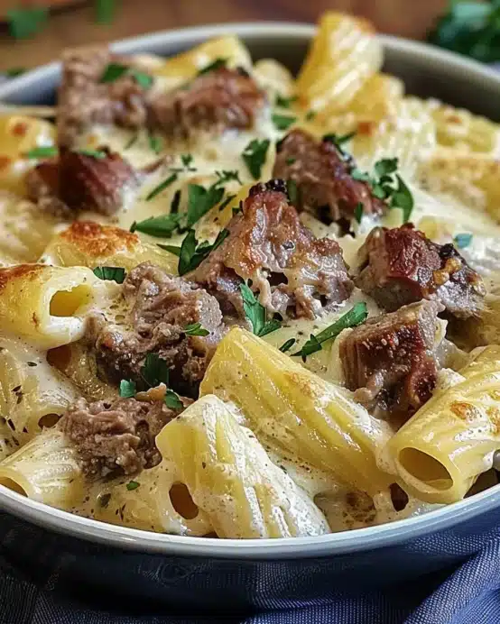 Cremiges Parmesan-Rindfleisch mit Rigatoni Pasta