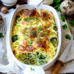Spätzleauflauf mit Rosenkohl und Kasseler