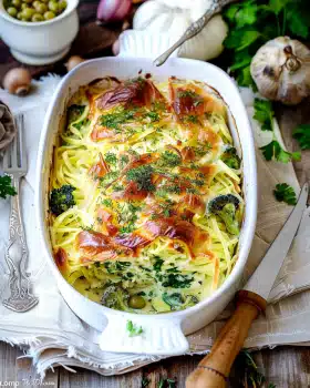 Spätzleauflauf mit Rosenkohl und Kasseler