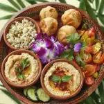 Veganer Mediterraner Mezze-Teller mit Hummus, Baba Ganoush und Falafel