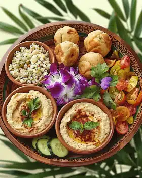 Veganer Mediterraner Mezze-Teller mit Hummus, Baba Ganoush und Falafel