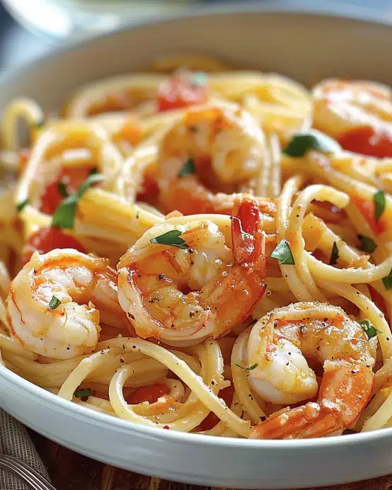 Spaghetti mit Garnelen in Frischkäsesauce