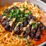 Spicy Korean Ramen mit gegrilltem Rindfleisch und cremiger Sauce