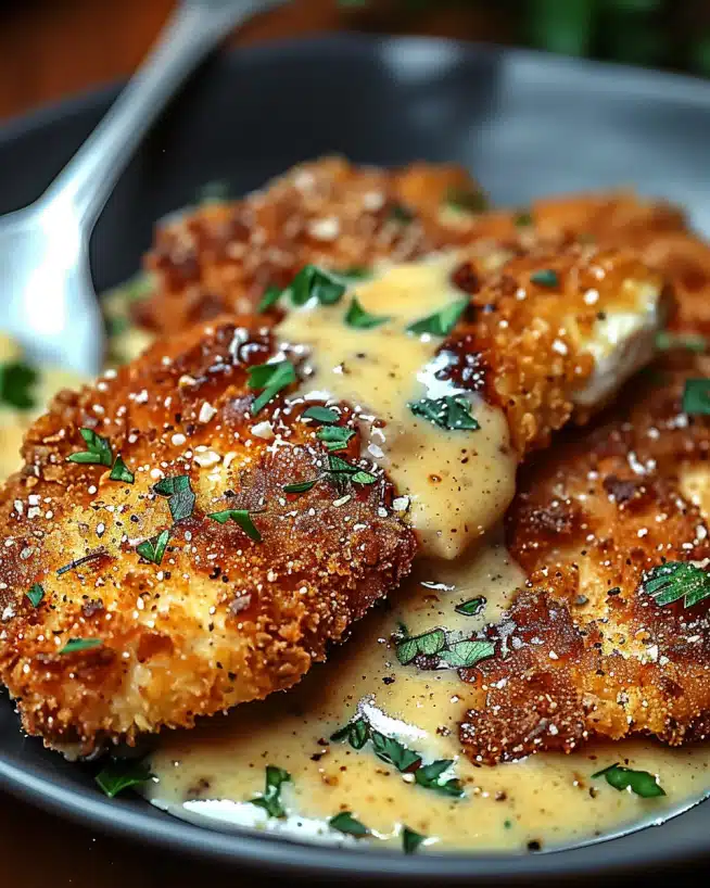 Knuspriges Parmesan-Hähnchen mit reichhaltiger Knoblauchsauce – Einfaches Abendessen