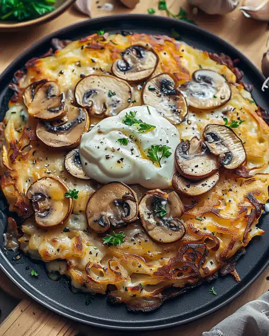 Mozzarella Rösti mit Zwiebel-Pilzrahmsoße