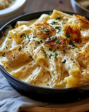 Cremiges Knoblauchbutter-Huhn und Rigatoni in Parmesan-Soße