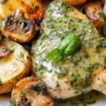 Creamy Garlic Mushroom Chicken & Roasted Potatoes with Basil Pesto