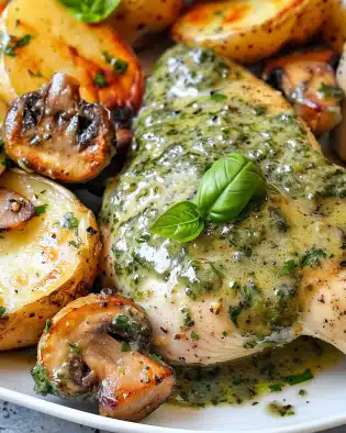 Creamy Garlic Mushroom Chicken & Roasted Potatoes with Basil Pesto