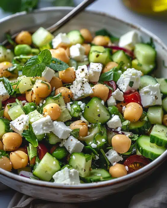 Gurkensalat mit Feta und Kichererbsen