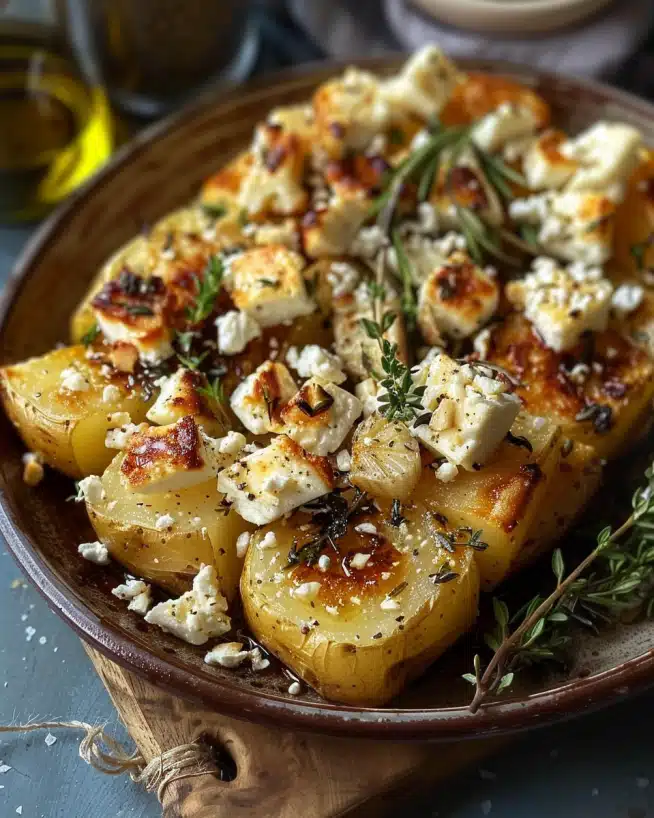 Geröstete Kartoffeln mit gebackenem Feta und Knoblauch