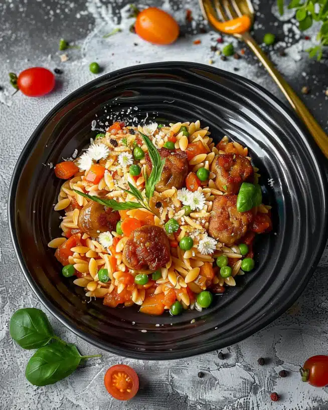 Orzo-Pfanne mit Hackbällchen und Gemüse