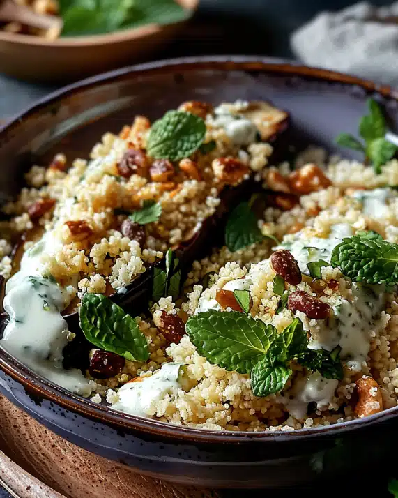 Auberginen mit Dattel-Mandel-Couscous und Minze
