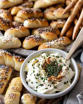 Mini Laugenkonfekt mit Zwiebel-Dip