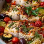 Mediterran gebackene Fischfilets mit Gemüse