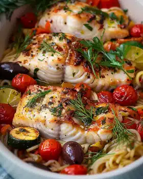 Mediterran gebackene Fischfilets mit Gemüse