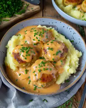 Hackbällchen in cremiger Sauce mit Kartoffelpüree