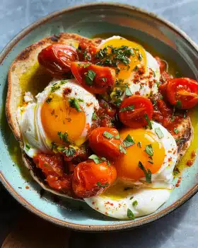 Poached Eggs mit gerösteten Tomaten und Hummus
