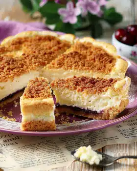 Saftiger Käsekuchen mit Kirschen und Streuseln