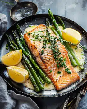 Lachs mit Knoblauchbutter, Zitrone und Spargel