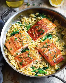 One Skillet Salmon with Lemon Orzo