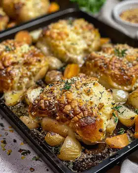 Knuspriges Knoblauch-Hähnchen aus dem Ofen mit Gemüse