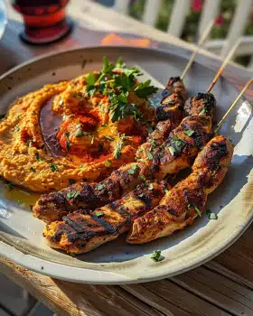 Gegrilltes Hähnchen mit Paprika-Hummus