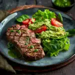 Gegrilltes Steak mit Blattsalat und Avocado-Dressing