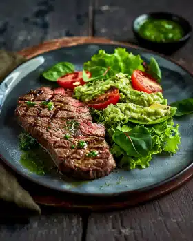 Gegrilltes Steak mit Blattsalat und Avocado-Dressing