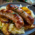 Rostbratwurst mit Kartoffelstampf und Röstzwiebeln
