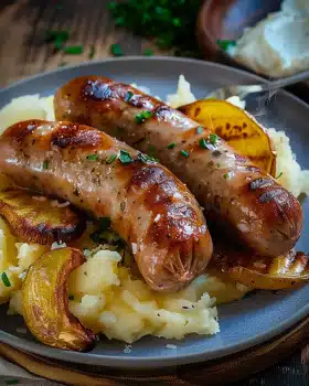 Rostbratwurst mit Kartoffelstampf und Röstzwiebeln