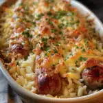 Leichter Käse-Hähnchen-Wurst-Reis-Auflauf