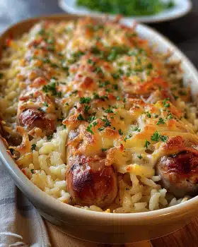 Leichter Käse-Hähnchen-Wurst-Reis-Auflauf
