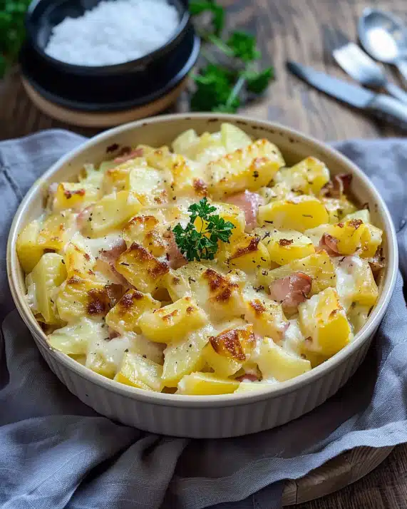 Spargelauflauf mit Kartoffeln und Schinken