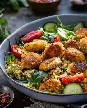 Chicken Nuggets mit Bulgur und frischem Gemüse – Knuspriger Genuss trifft gesunde Beilage