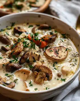 Cremige Pilz-Hähnchen-Wildreissuppe