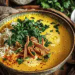 Goldene Kurkuma-Hühnchen-Reis-Suppe