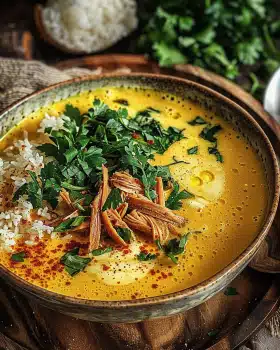 Goldene Kurkuma-Hühnchen-Reis-Suppe