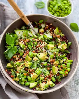 Crispy Reissalat mit Avocado, Gurke und Edamame