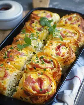 Frühstücksrollen mit Rührei, Käse und Speck